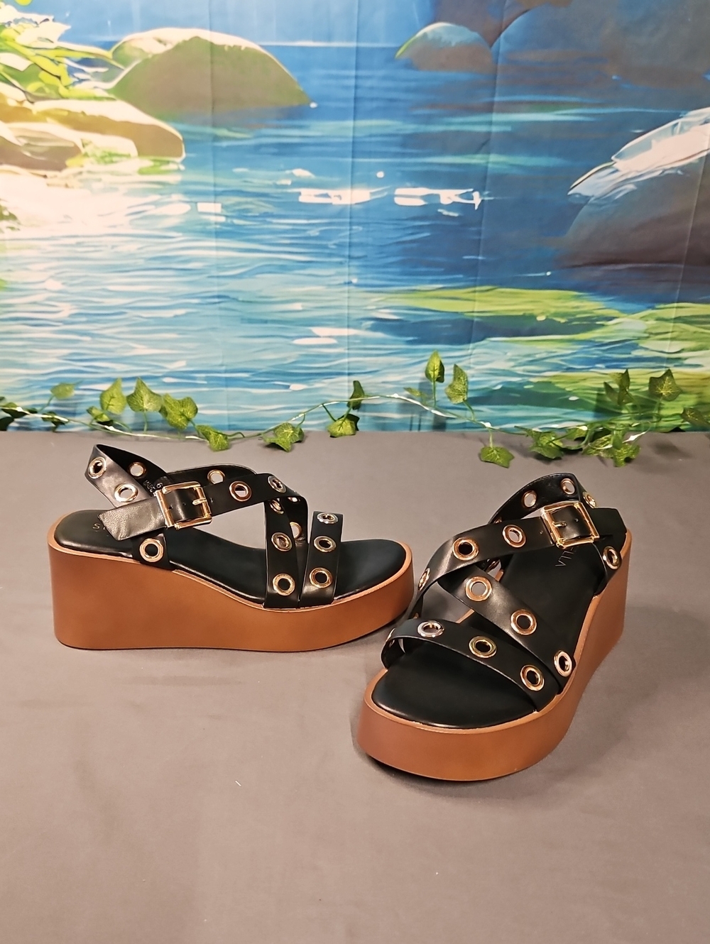 Styvella Black Leather Grommet Wedge Sandals with Tan Platform